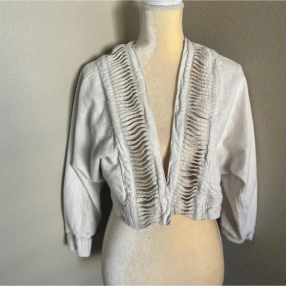 Anthropologie Beige Hei Hei Ladder Linen Cut Out Cropped Jacket Blazer XS/S - Picture 2 of 7